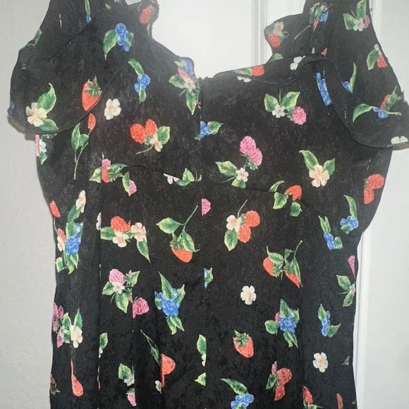 Zara Fruit Floral Black Silky Slip Mini Dress Strawberry Berries Size XS Spring - Picture 10 of 13